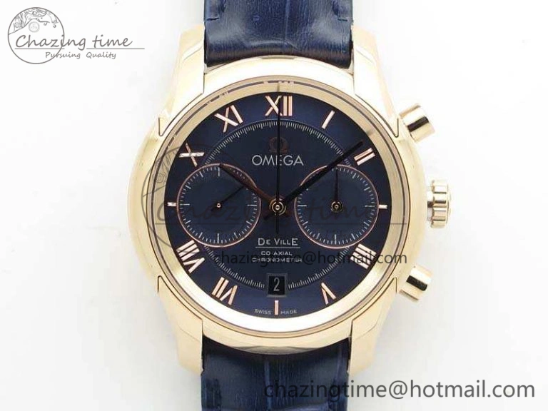 De Ville Chronograph RG OMF 1:1 Best Edition Blue Dial On Blue Leather Strap A9300