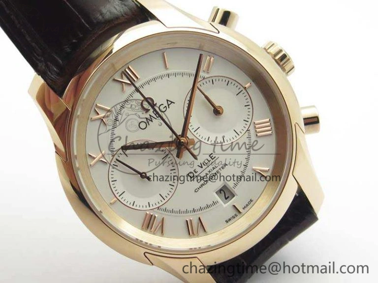 De Ville Chronograph RG OMF 1:1 Best Edition White Dial On Brown Leather Strap A9300