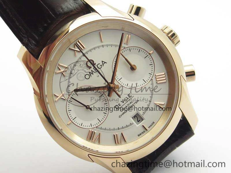 De Ville Chronograph RG OMF 1:1 Best Edition White Dial On Brown Leather Strap A9300