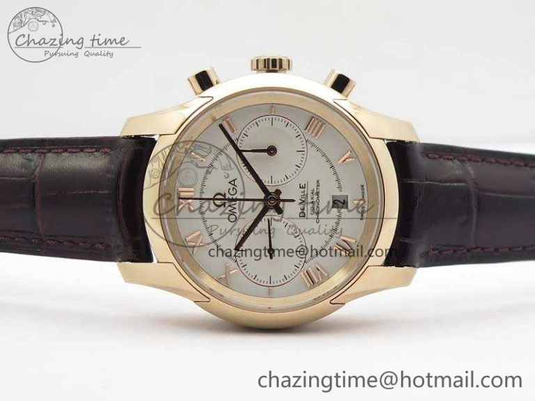 De Ville Chronograph RG OMF 1:1 Best Edition White Dial On Brown Leather Strap A9300
