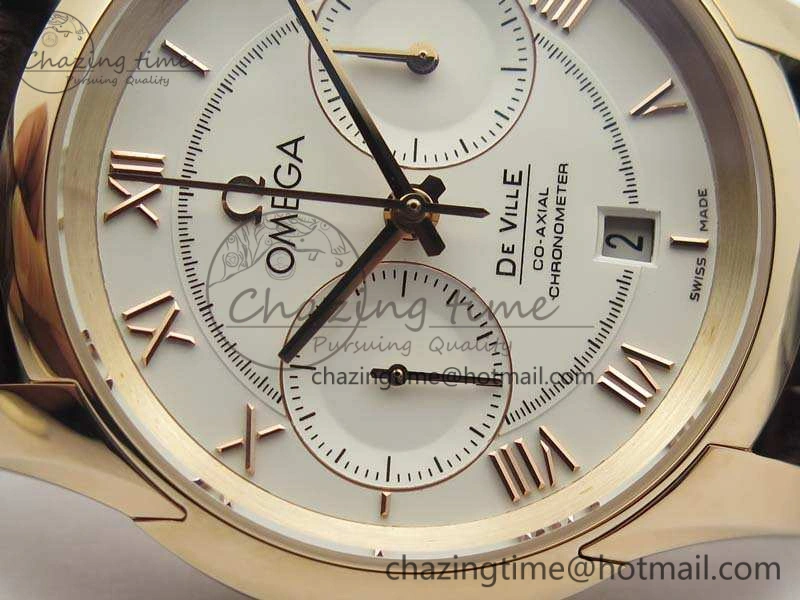 De Ville Chronograph RG OMF 1:1 Best Edition White Dial On Brown Leather Strap A9300