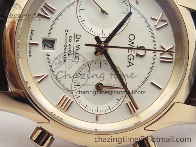 De Ville Chronograph RG OMF 1:1 Best Edition White Dial On Brown Leather Strap A9300
