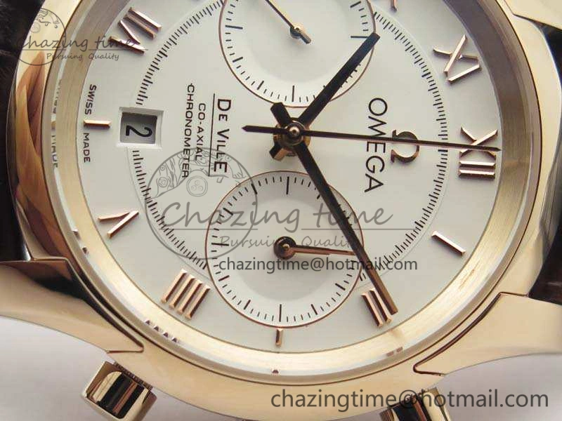 De Ville Chronograph RG OMF 1:1 Best Edition White Dial On Brown Leather Strap A9300