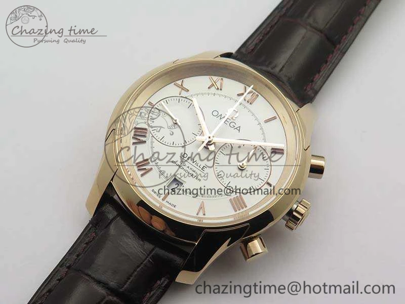 De Ville Chronograph RG OMF 1:1 Best Edition White Dial On Brown Leather Strap A9300