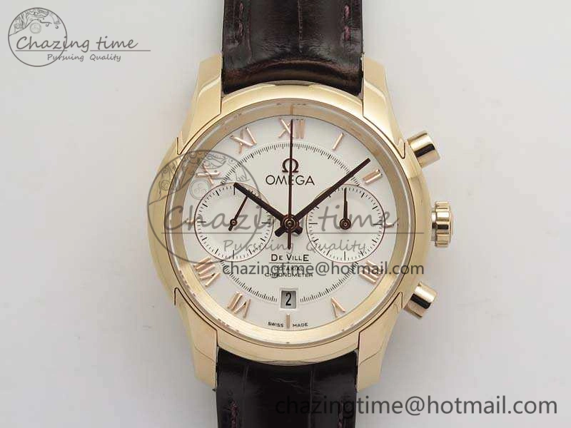 De Ville Chronograph RG OMF 1:1 Best Edition White Dial On Brown Leather Strap A9300