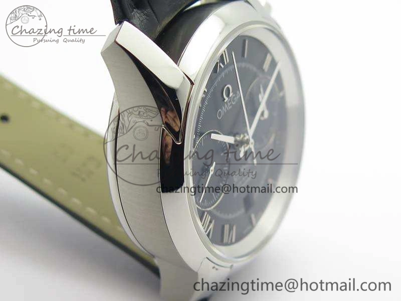 De Ville Chronograph SS OMF 1:1 Best Edition Black Dial On Black Leather Strap A9300