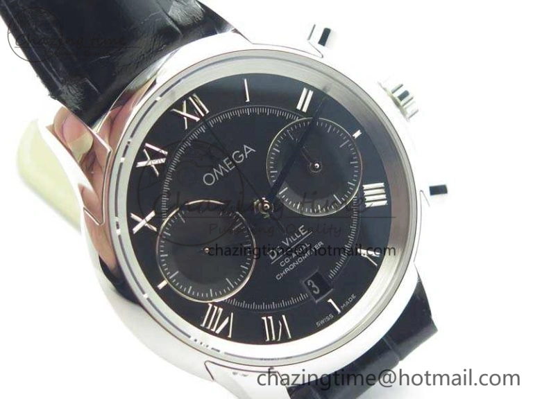 De Ville Chronograph SS OMF 1:1 Best Edition Black Dial On Black Leather Strap A9300