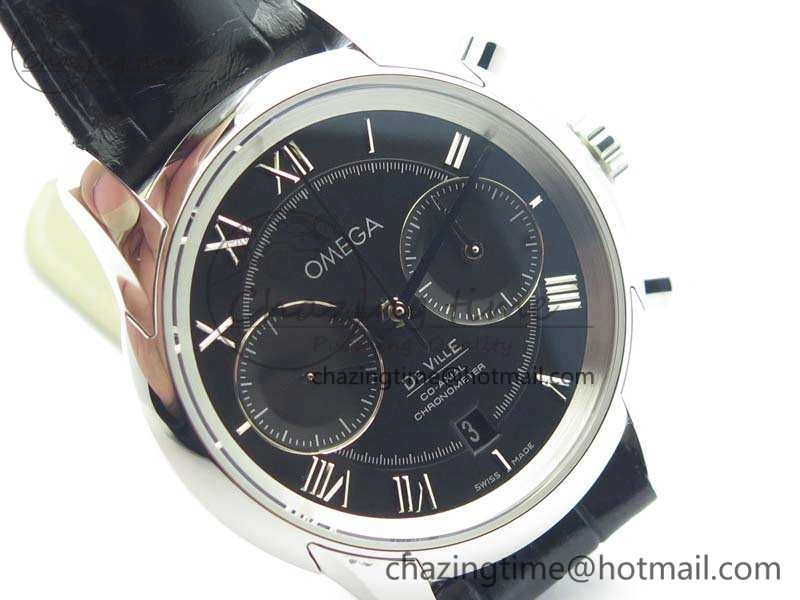 De Ville Chronograph SS OMF 1:1 Best Edition Black Dial On Black Leather Strap A9300