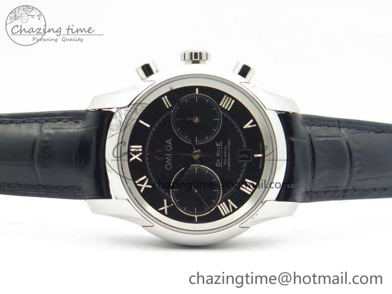 De Ville Chronograph SS OMF 1:1 Best Edition Black Dial On Black Leather Strap A9300