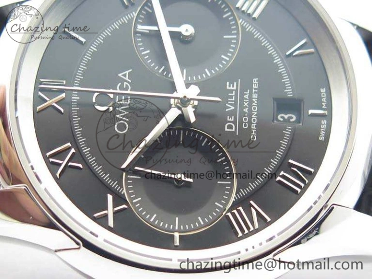 De Ville Chronograph SS OMF 1:1 Best Edition Black Dial On Black Leather Strap A9300