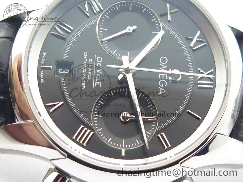 De Ville Chronograph SS OMF 1:1 Best Edition Black Dial On Black Leather Strap A9300
