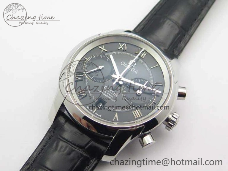 De Ville Chronograph SS OMF 1:1 Best Edition Black Dial On Black Leather Strap A9300