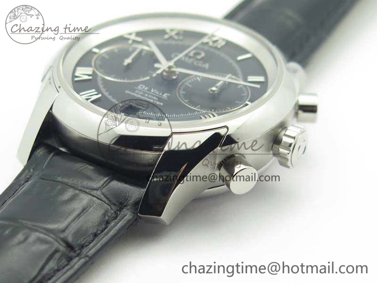 De Ville Chronograph SS OMF 1:1 Best Edition Black Dial On Black Leather Strap A9300