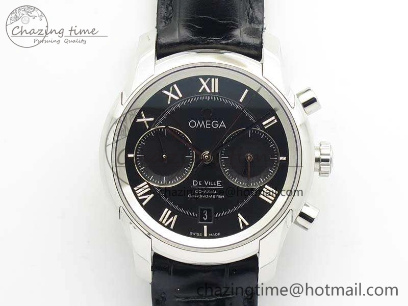 De Ville Chronograph SS OMF 1:1 Best Edition Black Dial On Black Leather Strap A9300