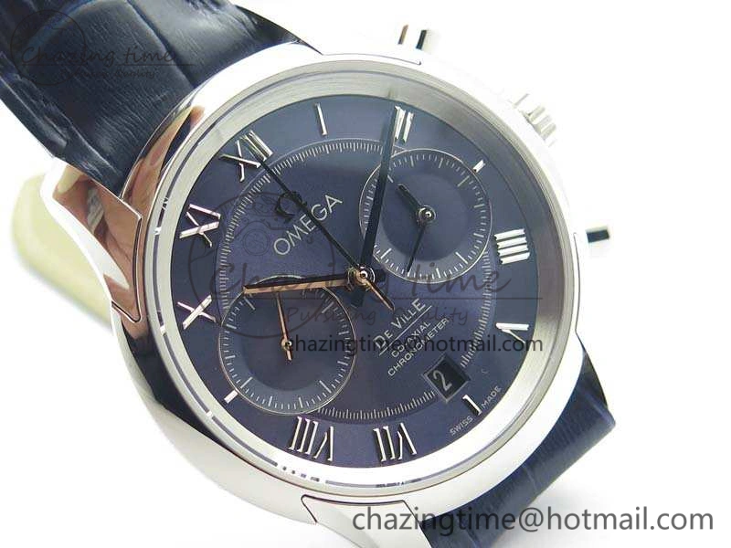 De Ville Chronograph SS OMF 1:1 Best Edition Blue Dial On Blue Leather Strap A9300