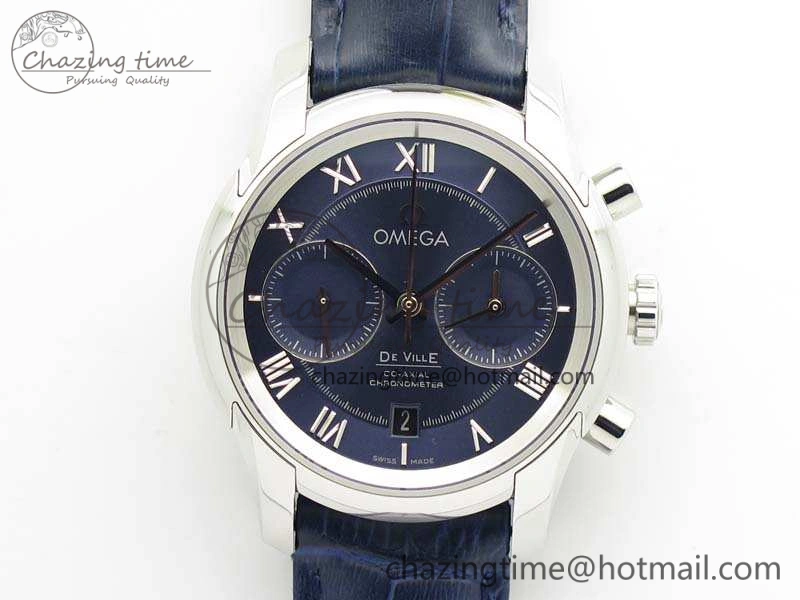 De Ville Chronograph SS OMF 1:1 Best Edition Blue Dial On Blue Leather Strap A9300
