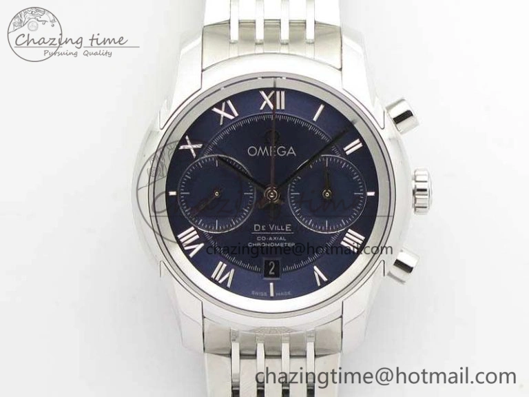De Ville Chronograph SS OMF 1:1 Best Edition Blue Dial On SS Bracelet A9300