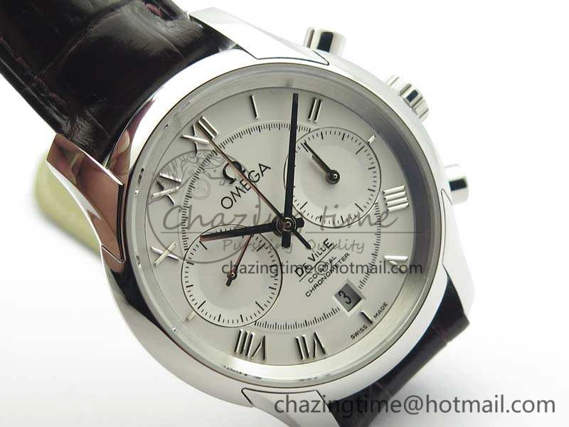 De Ville Chronograph SS OMF 1:1 Best Edition White Dial On Brown Leather strap A9300