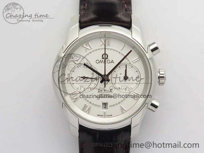 De Ville Chronograph SS OMF 1:1 Best Edition White Dial On Brown Leather strap A9300