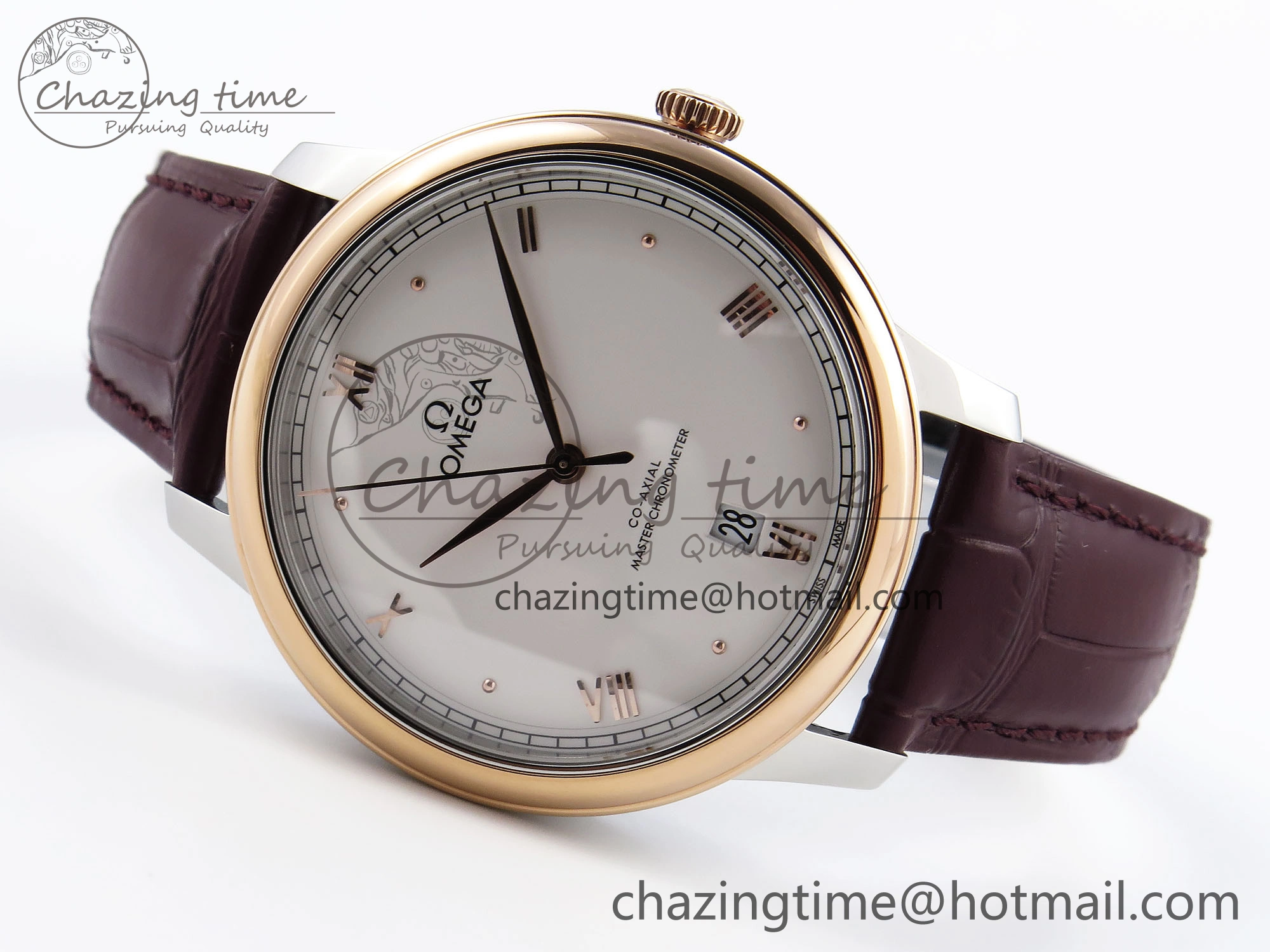 De Ville Date RG MKF 1:1 Best Edition White Dial Roman Marker on Brown Leather Strap A8800