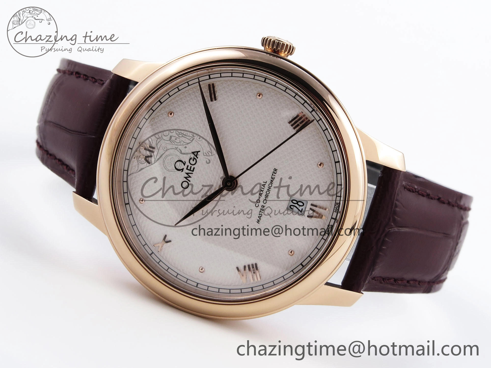 De Ville Date RG MKF 1:1 Best Edition White Textured Dial Roman Marker on Brown Leather Strap A8800