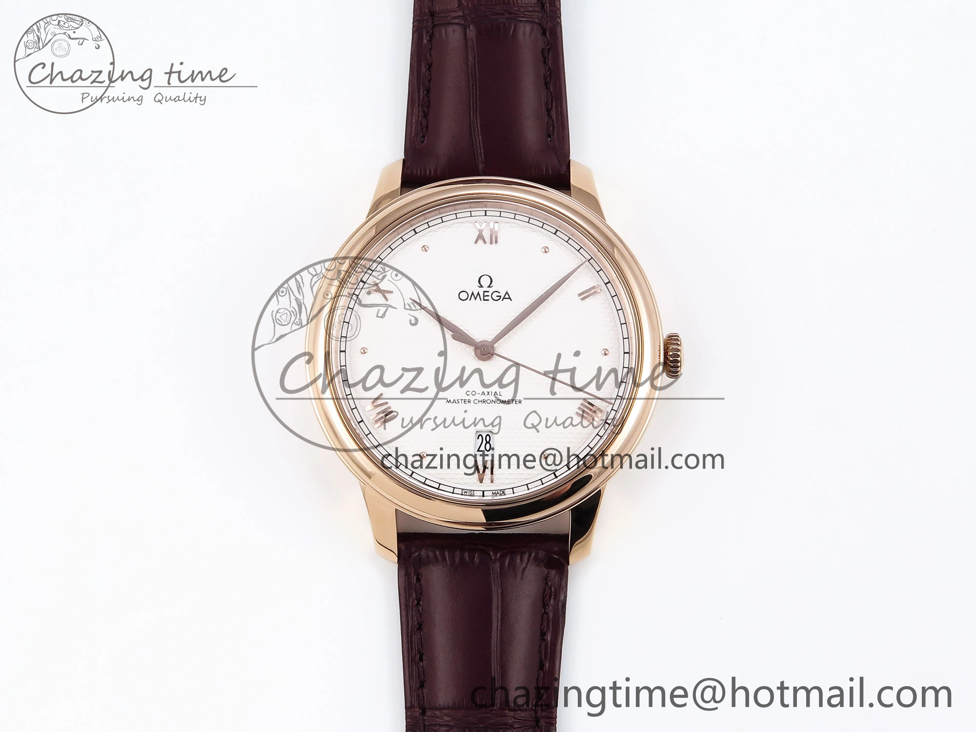 De Ville Date RG MKF 1:1 Best Edition White Textured Dial Roman Marker on Brown Leather Strap A8800