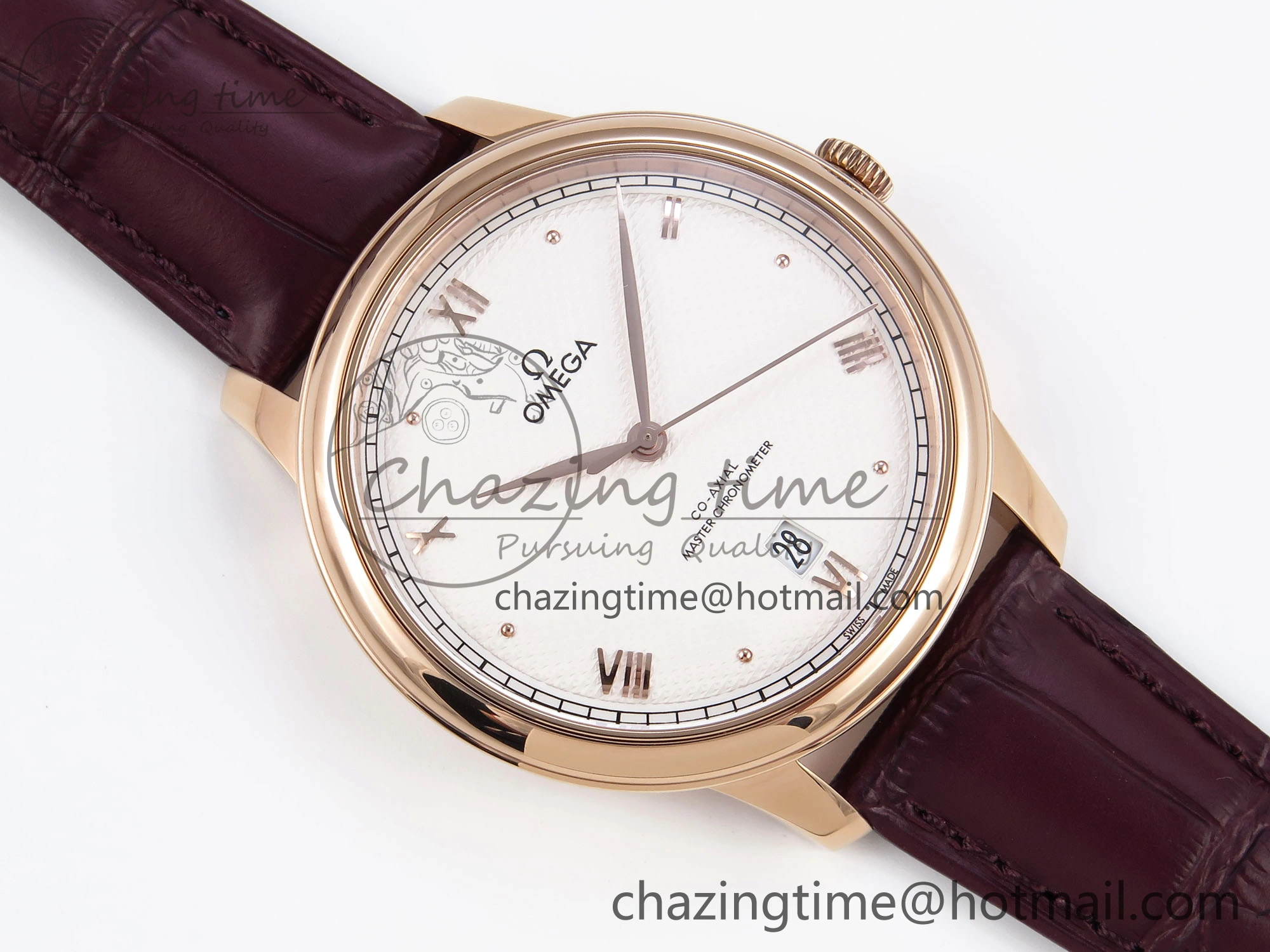 De Ville Date RG MKF 1:1 Best Edition White Textured Dial Roman Marker on Brown Leather Strap A8800