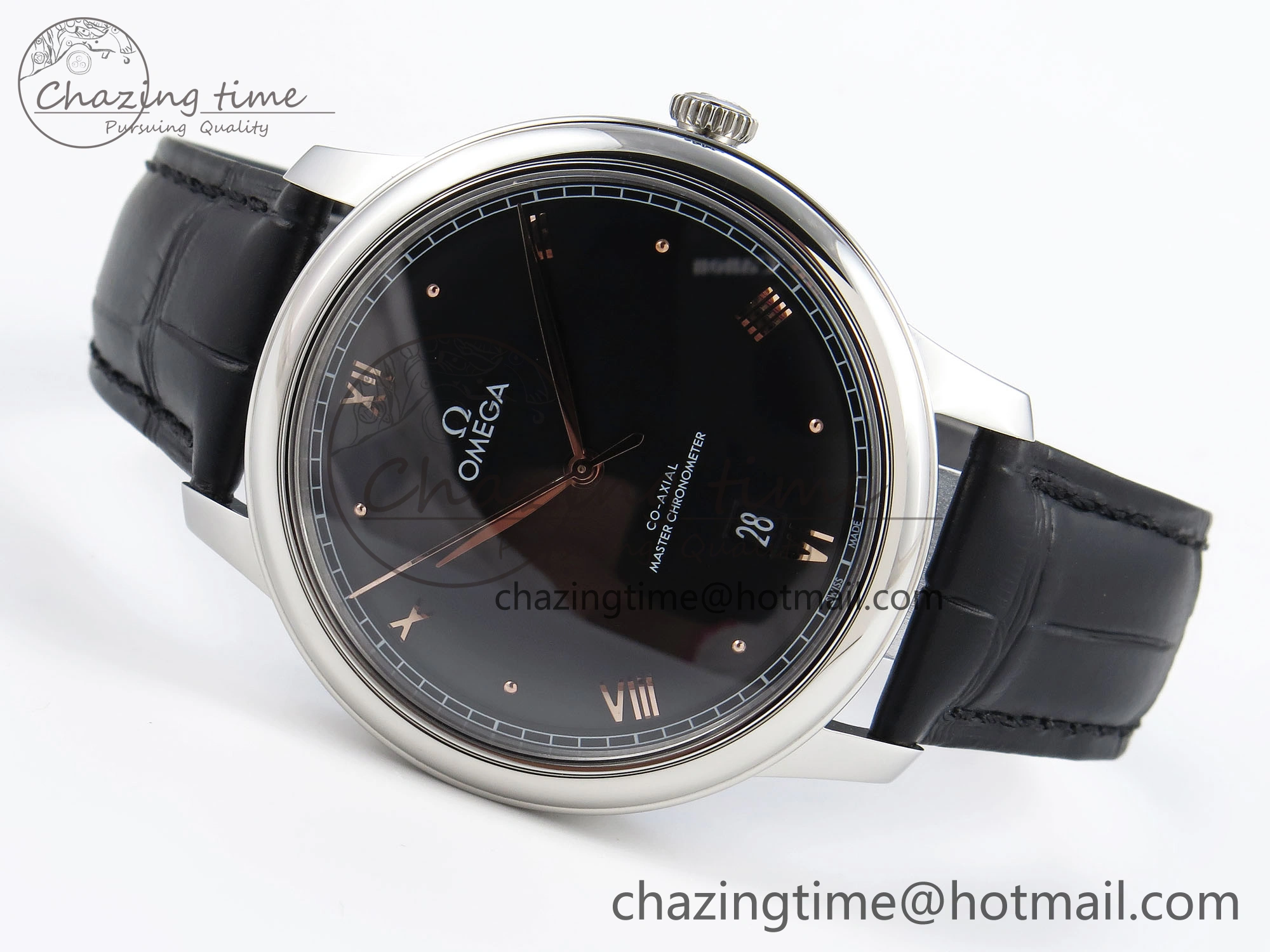 De Ville Date SS MKF 1:1 Best Edition Black Dial Roman Marker on Black Leather Strap A8800