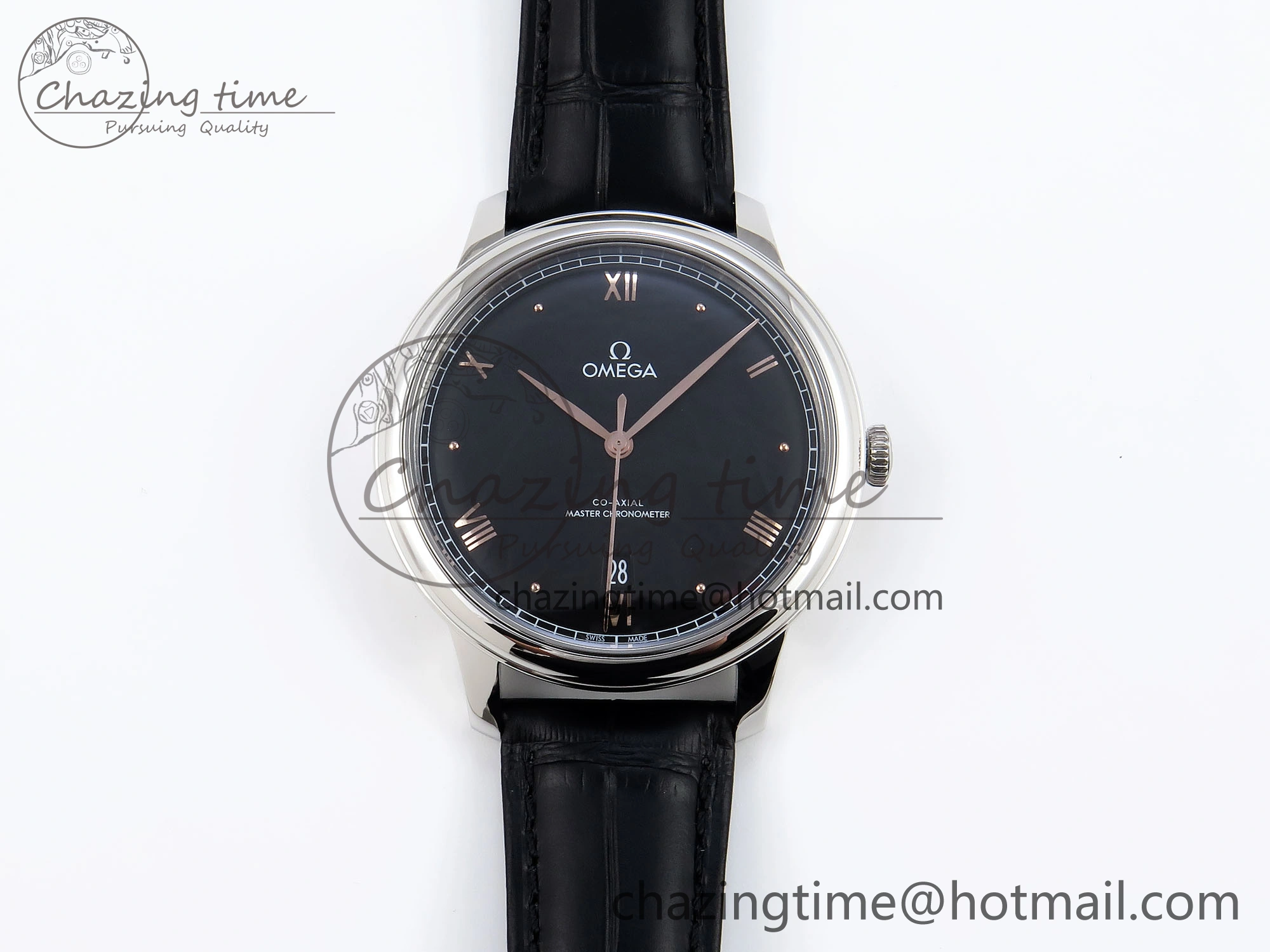De Ville Date SS MKF 1:1 Best Edition Black Dial Roman Marker on Black Leather Strap A8800