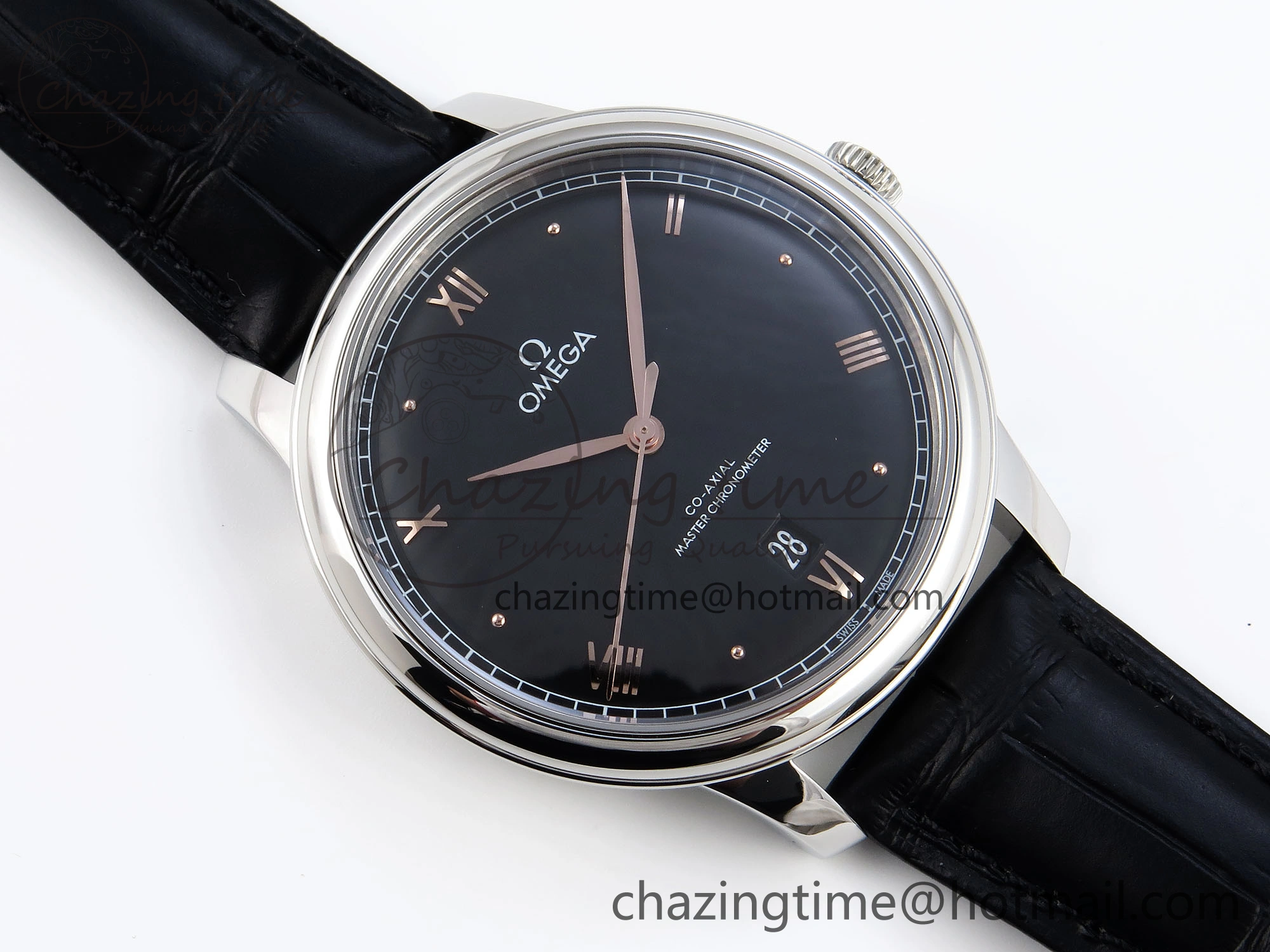 De Ville Date SS MKF 1:1 Best Edition Black Dial Roman Marker on Black Leather Strap A8800