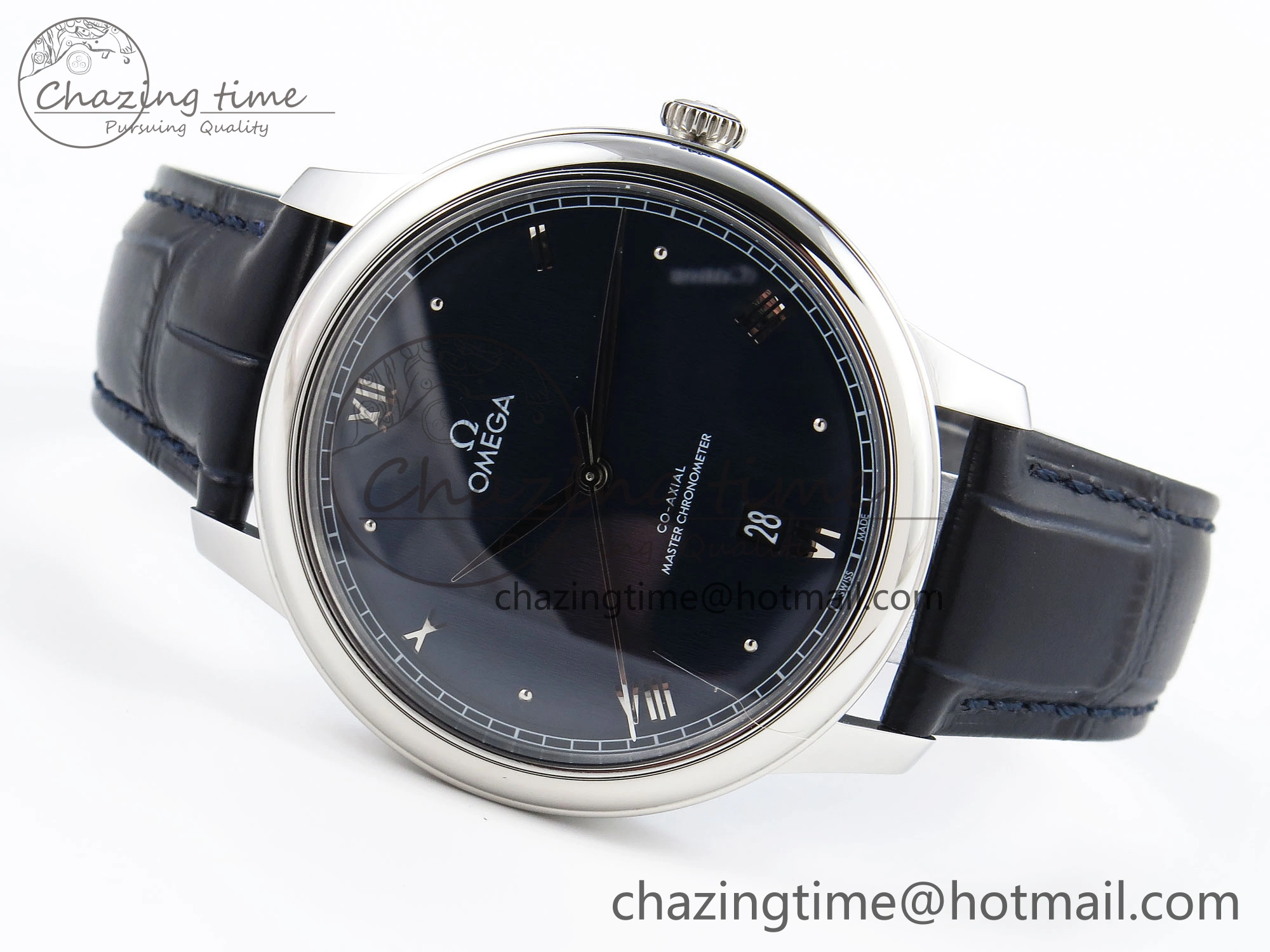 De Ville Date SS MKF 1:1 Best Edition Blue Dial Roman Marker on Black Leather Strap A8800
