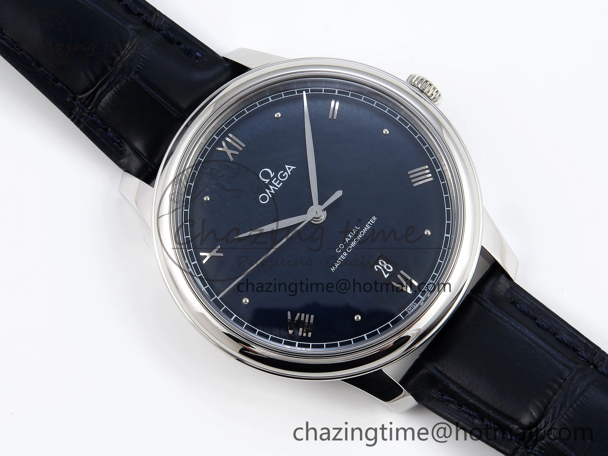De Ville Date SS MKF 1:1 Best Edition Blue Dial Roman Marker on Black Leather Strap A8800