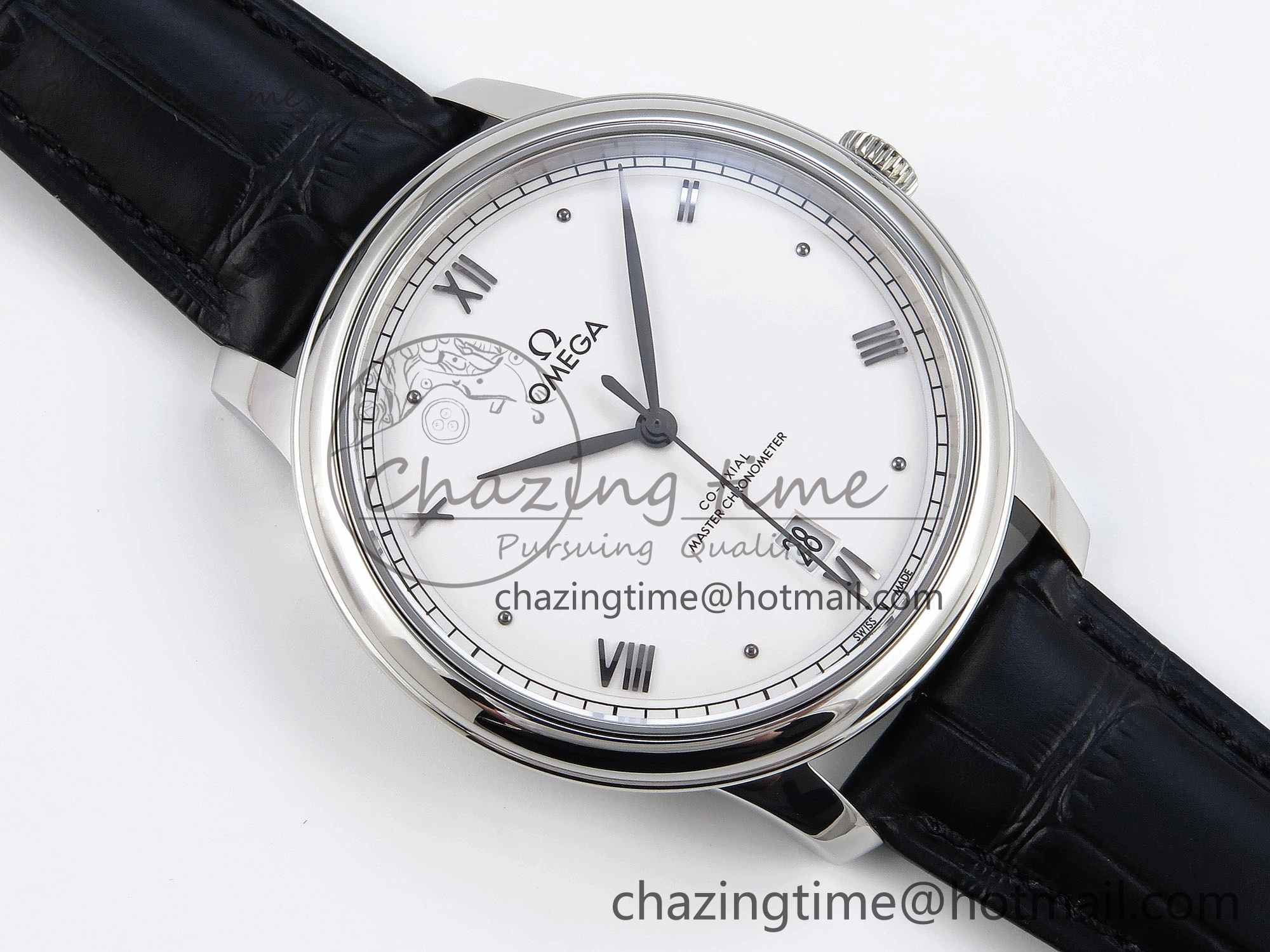 De Ville Date SS MKF 1:1 Best Edition White Dial Roman Marker on Black Leather Strap A8800