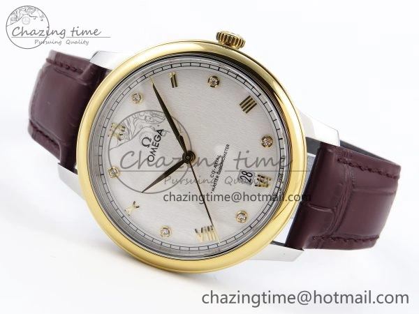 De Ville Date YG MKF 1:1 Best Edition White Textured Dial Diamonds Marker on Brown Leather Strap A8800