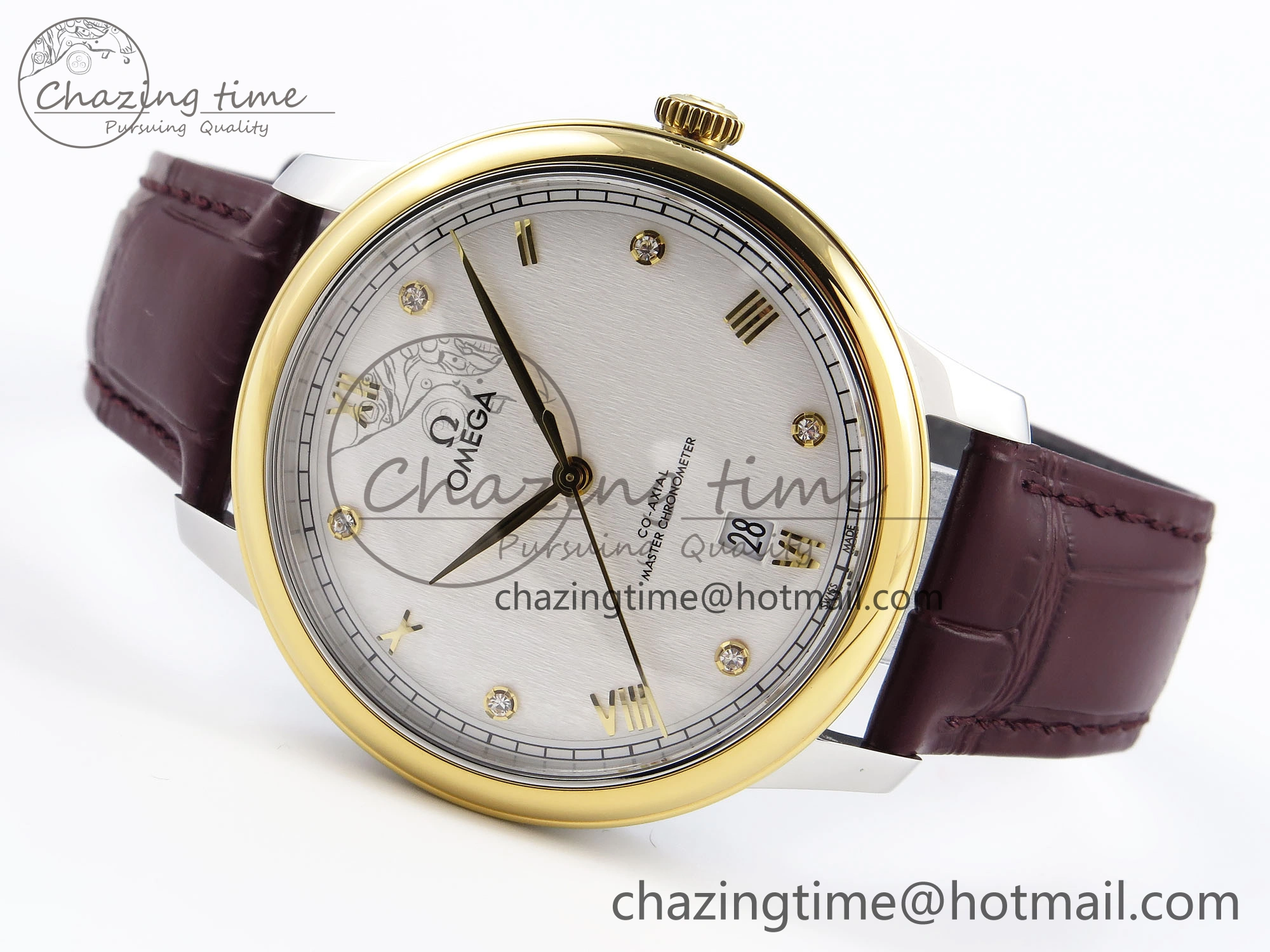 De Ville Date YG MKF 1:1 Best Edition White Textured Dial Diamonds Marker on Brown Leather Strap A8800