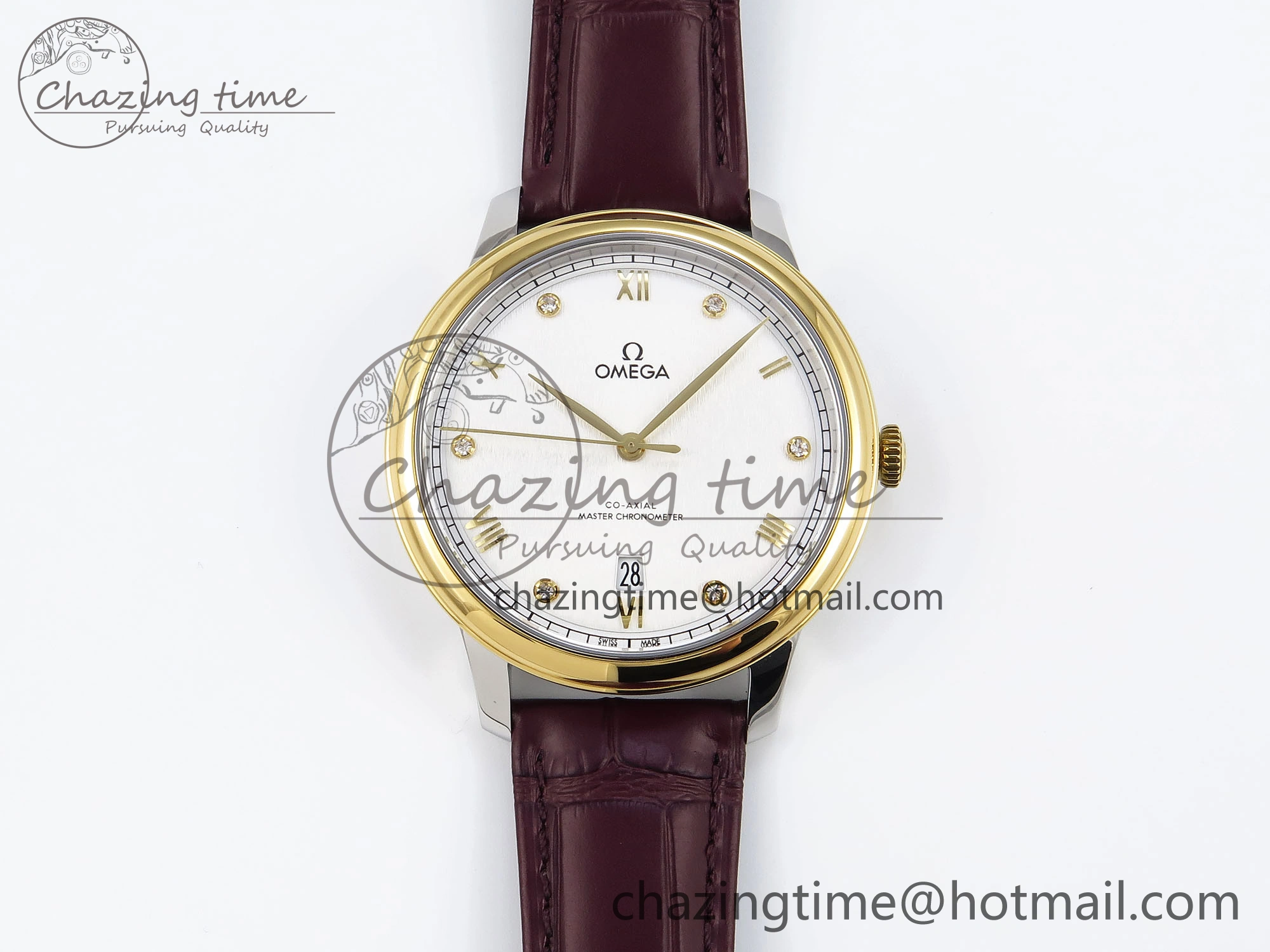 De Ville Date YG MKF 1:1 Best Edition White Textured Dial Diamonds Marker on Brown Leather Strap A8800