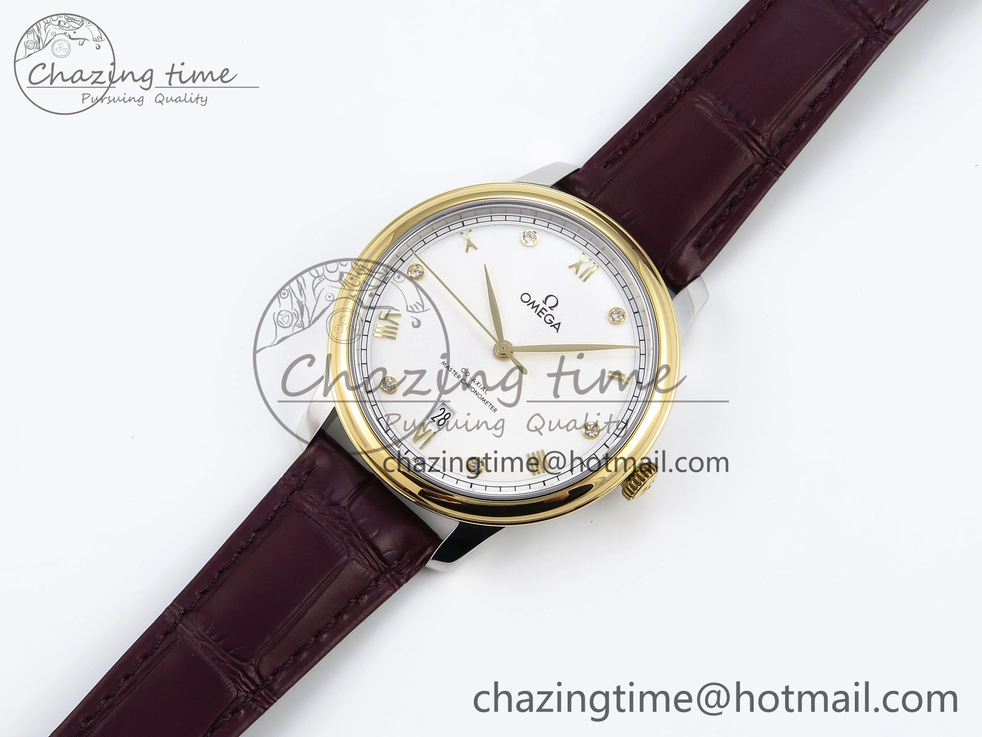 De Ville Date YG MKF 1:1 Best Edition White Textured Dial Diamonds Marker on Brown Leather Strap A8800