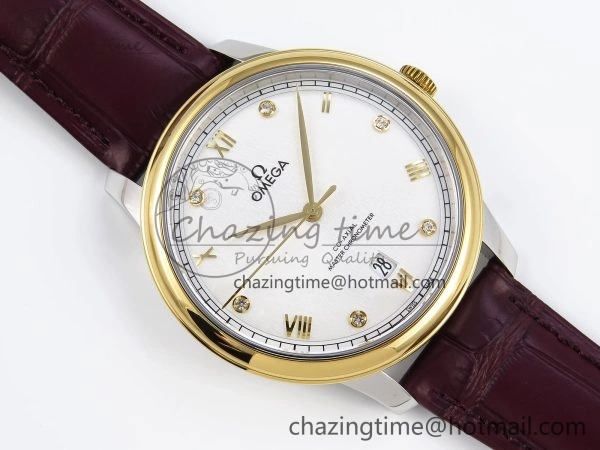 De Ville Date YG MKF 1:1 Best Edition White Textured Dial Diamonds Marker on Brown Leather Strap A8800