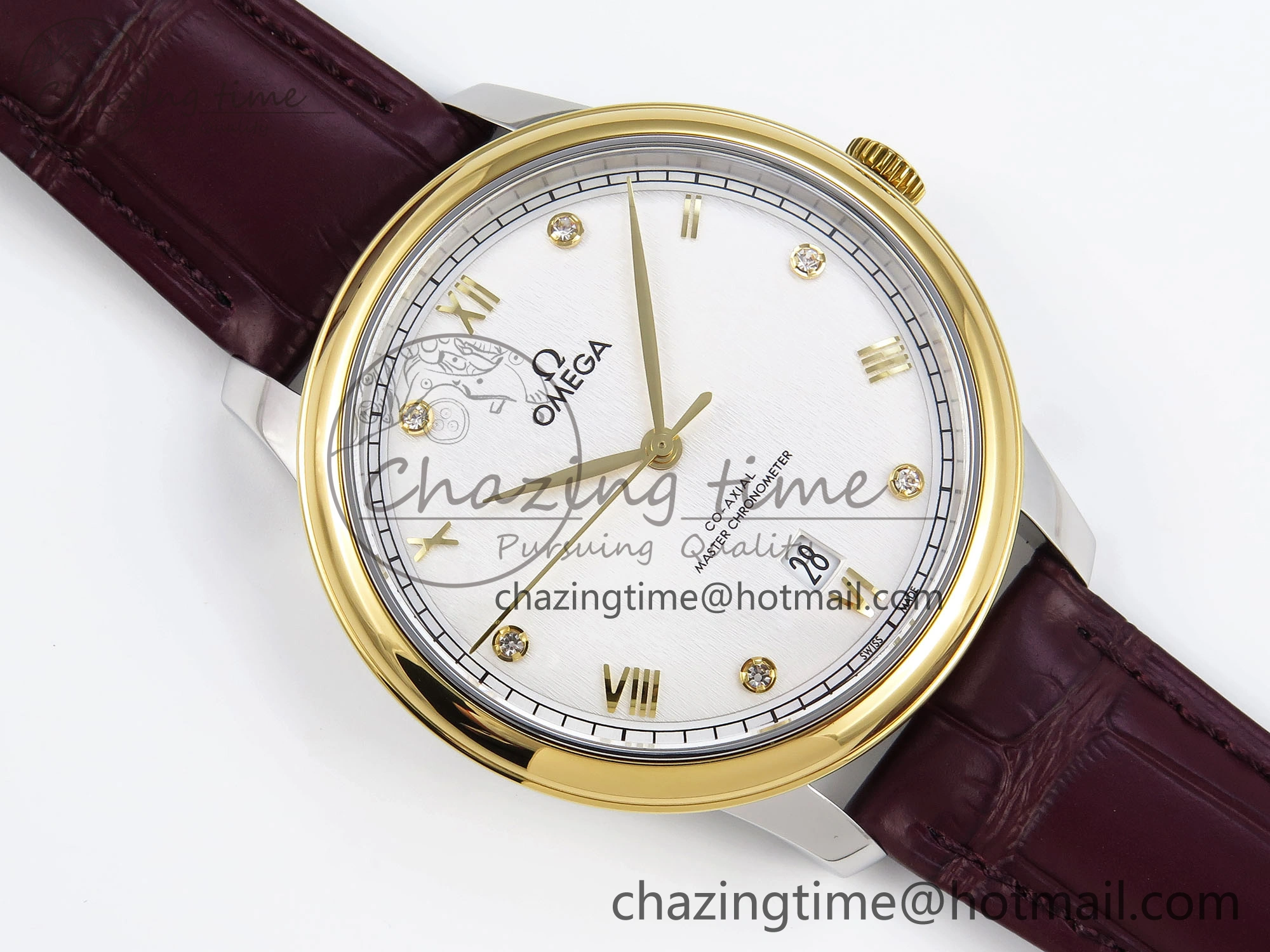De Ville Date YG MKF 1:1 Best Edition White Textured Dial Diamonds Marker on Brown Leather Strap A8800