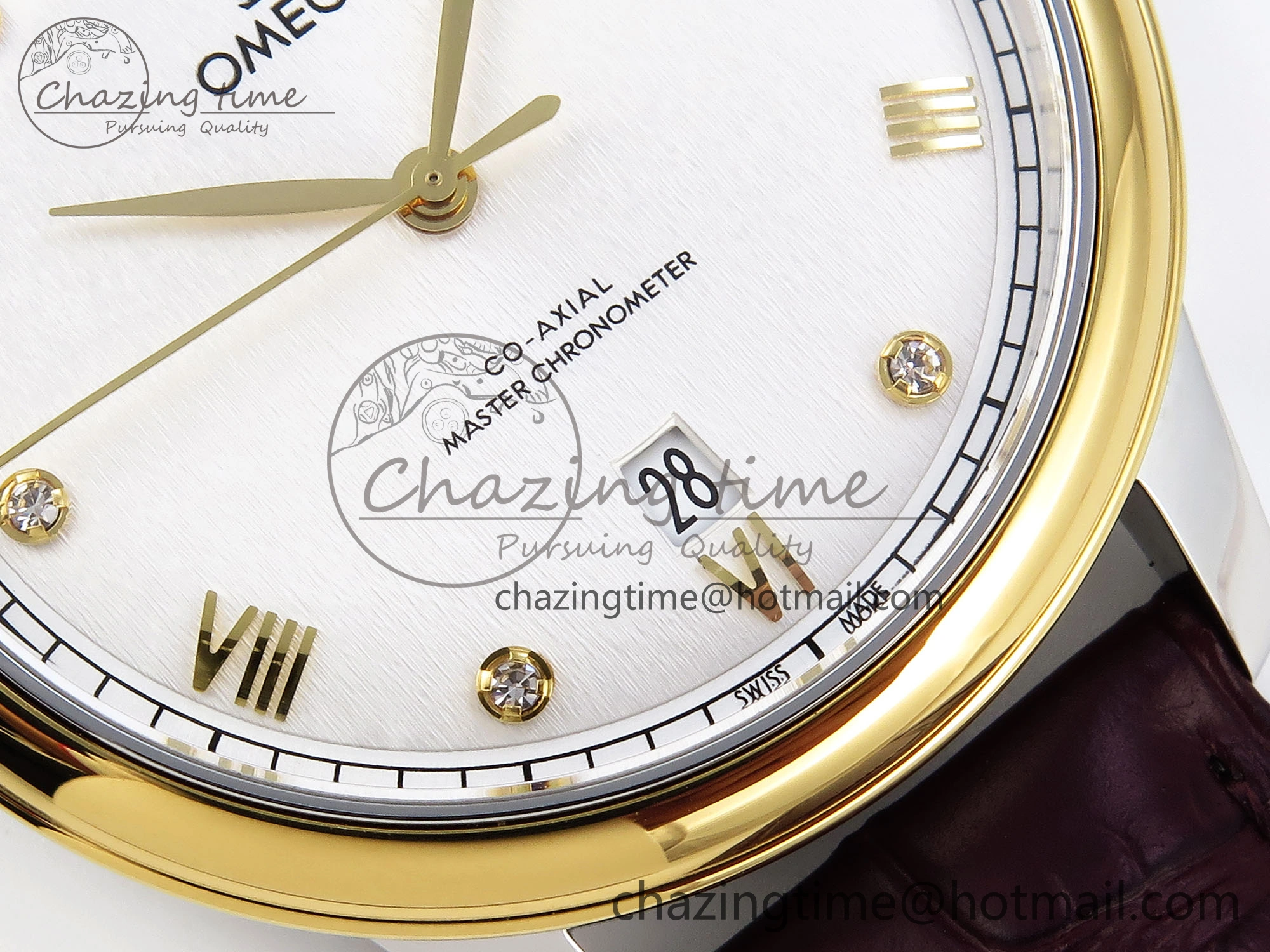 De Ville Date YG MKF 1:1 Best Edition White Textured Dial Diamonds Marker on Brown Leather Strap A8800
