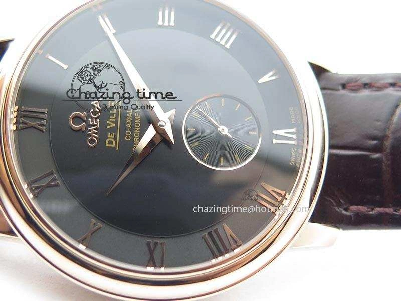 De Ville MK 1:1 Best Edition RG Black Dial On Black Leather Asian Seagull T1701 (Sec@6)