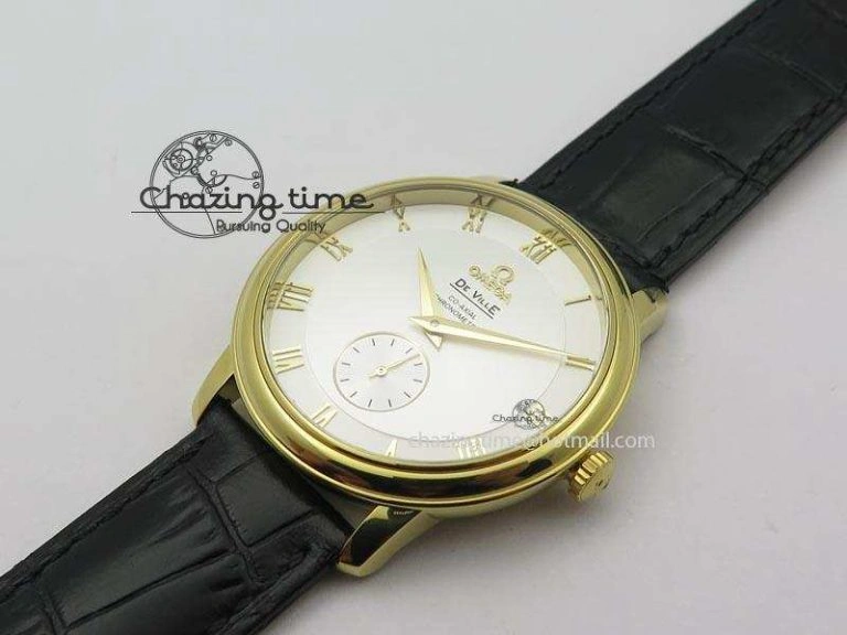 De Ville MK 1:1 Best Edition YG White Dial On Black Leather Asian Seagull T1701 (Sec@6)