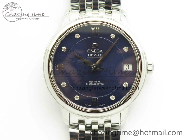 De Ville Prestige Ladies 32.7mm SS MKF 1:1 Best Edition Blue Dial Diamonds Markers on SS Bracelet MIYOTA 9015