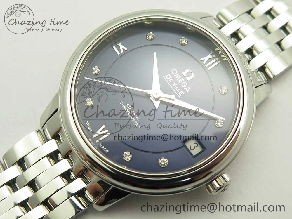 De Ville Prestige Ladies 32.7mm SS MKF 1:1 Best Edition Blue Dial Diamonds Markers on SS Bracelet MIYOTA 9015