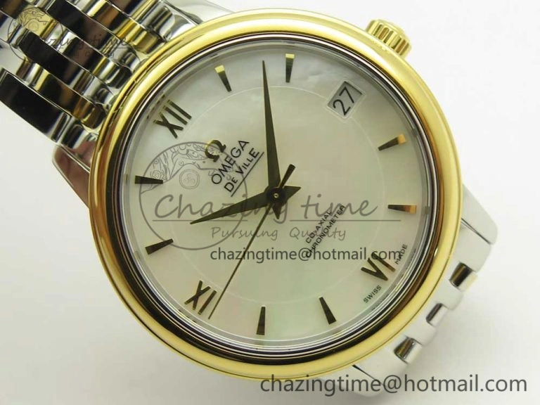 De Ville Prestige Ladies 32.7mm SS MKF 1:1 Best Edition White MOP Dial Diamonds Markers on SS YG Bracelet MIYOTA 9015