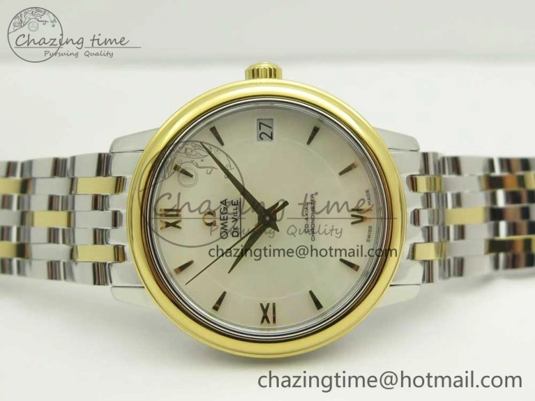 De Ville Prestige Ladies 32.7mm SS MKF 1:1 Best Edition White MOP Dial Diamonds Markers on SS YG Bracelet MIYOTA 9015