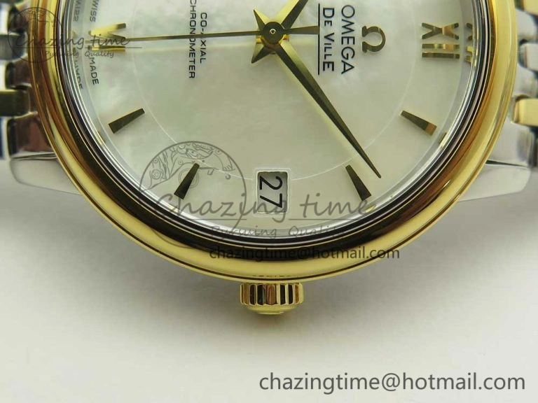 De Ville Prestige Ladies 32.7mm SS MKF 1:1 Best Edition White MOP Dial Diamonds Markers on SS YG Bracelet MIYOTA 9015