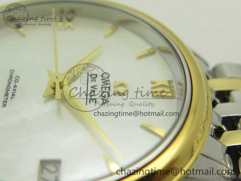 De Ville Prestige Ladies 32.7mm SS MKF 1:1 Best Edition White MOP Dial Diamonds Markers on SS YG Bracelet MIYOTA 9015