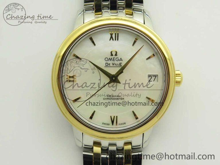 De Ville Prestige Ladies 32.7mm SS MKF 1:1 Best Edition White MOP Dial Diamonds Markers on SS YG Bracelet MIYOTA 9015