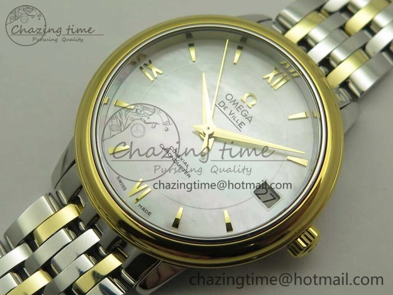 De Ville Prestige Ladies 32.7mm SS MKF 1:1 Best Edition White MOP Dial Diamonds Markers on SS YG Bracelet MIYOTA 9015